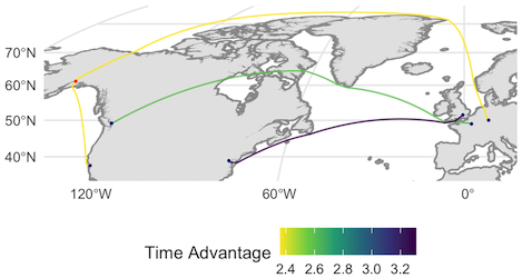 Three example routes, including a refuel stop in Anchorage. (Original map: www.naturalearthdata.com)